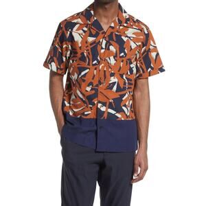 NN07 Button-Up Shirt Abstract Print Front Pocket Navy Blue/Orange Men’s S NWT